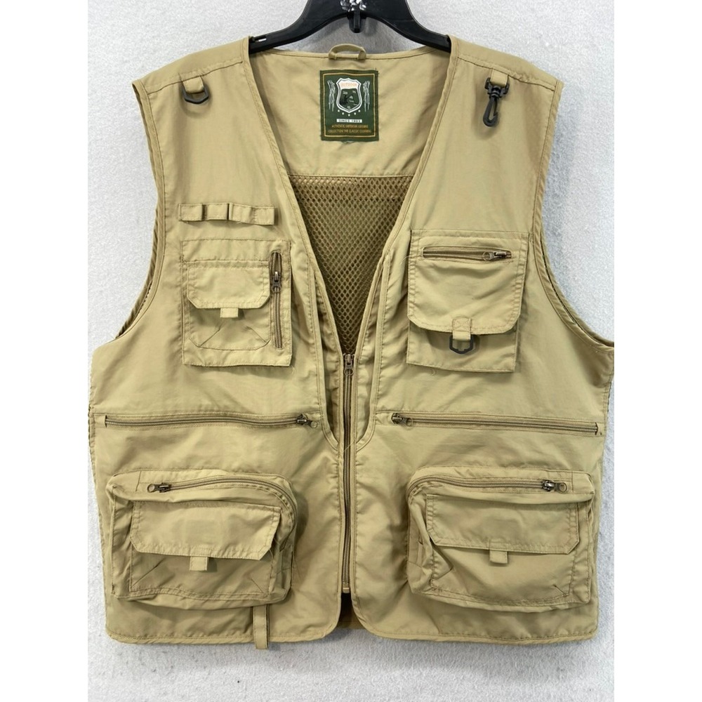 Flygo Outdoor Vest Mens L Tan Khaki Multi-Pocket Mesh Utility Zip